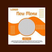 social media post template design. A white and orange new menu template with a call to action. vector