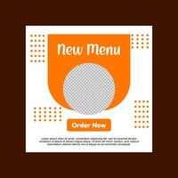 social media post template design. A white and orange new menu template with a call to action. vector