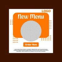 social media post template design. A white and orange new menu template with a call to action. vector