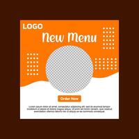social media post template design. A white and orange new menu template with a call to action. vector