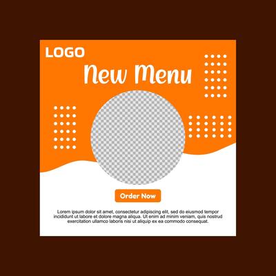 social media post template design. A white and orange new menu template with a call to action.