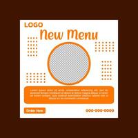 social media post template design. A white and orange new menu template with a call to action. vector