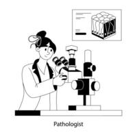 Pathologist lab research with microscope, flat illustration vector