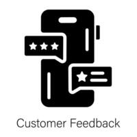 Mobile with customer feedback messages, glyph style icon vector