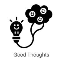 Light bulb with smiley and brain denoting good thoughts, solid icon vector