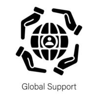 Protection hands around globe denoting global support, solid icon vector