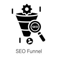 A filled style icon of seo funnel with magnifier vector