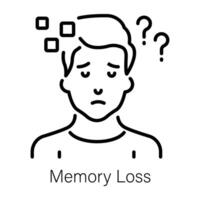 Person with question marks denoting memory loss, line icon vector