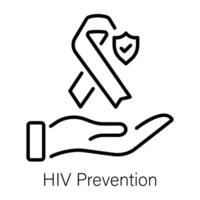 Ribbon and hand denoting hiv prevention, outline icon vector