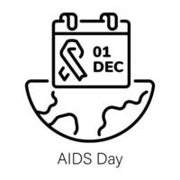 Calendar with ribbon denoting aids day, outline icon vector