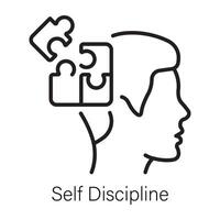 Head with puzzle pieces denoting self discipline, outline icon vector