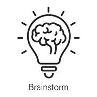 Brain inside lightbulb denoting brainstorm, line icon vector