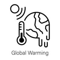 Melting planet with thermometer is showing global warming, line icon vector