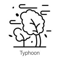 Trees with heavy wind denoting typhoon, line icon vector