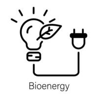 Light bulb with leaf denoting bioenergy, outline icon vector