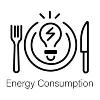 Light bulb with silverware denoting energy consumption, outline icon vector