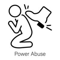 Hitting person with shoe denoting power abuse, line icon vector