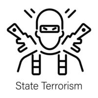 Person with guns denoting state terrorism, line icon vector