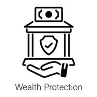 Money with shield denoting wealth protection, line icon vector