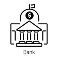 Building with dollar sign denoting bank, line icon vector