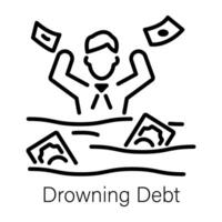 Linear style icon of drowning debt vector