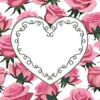card with a heart-shaped frame on a background of pink roses. heart made of curls vector