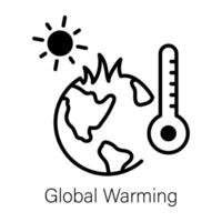 Planet with sun and thermometer denoting global warming, line icon vector