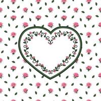 card with a heart-shaped frame on a background of pink roses and green leaves. heart made of curls vector