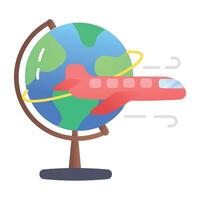 Plane with table globe denoting global travel, flat icon vector