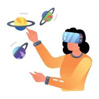 Person with headset and planets denoting space exploration, flat icon vector