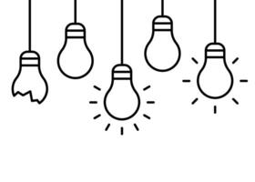 Bulb light hanging with glowing one lamp, line icon. Lightbulb symbol as idea concept sign. Lamp simple outline illustration vector