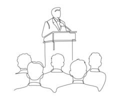 Lector man speech behind podium on conference with audience spectator, continuous one line drawing. Speaker on tribune, leader, teacher talking before of people back. minimalist single outline vector