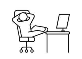 Person relax on work chair on computer, line icon. Man rest on workplace, calm on chair. Lazy tired person, break time illustration vector