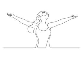 Happy woman raising hands in an exercise of relax and breathing, one line continuous drawing. Person stretching arms as symbol of freedom and openness to peace illustration vector