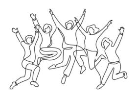 Happy group of people jumping, continuous one line drawing. Friendship, team work, healthy lifestyle, success concept. Minimalist simple linear style outline illustration vector