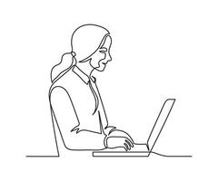 Woman work on laptop, continuous one line drawing. Learning or business on computer online. Simple single minimalism outline style illustration vector
