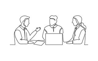 Business meeting of group office people, work on laptop, continuous one line drawing. Teamwork, learning or business talking, partnership in work. Simple single minimalism outline style illustration vector