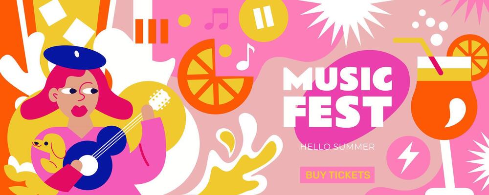 Summer music festival banner to open the warm season. Fresh atmosphere, cool drinks, music, a woman playing the guitar. Perfect for summer parties, outdoor festivals and more.