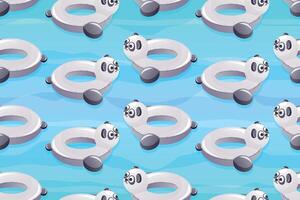 seamless pattern, funny cartoon children's inflatable swimming ring in the shape of a panda. vector