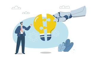 Collaboration between humans and artificial intelligence or AI, Changing work processes for organizational development, Businessman putting together an idea lightbulb jigsaw puzzle with a robot hand. vector