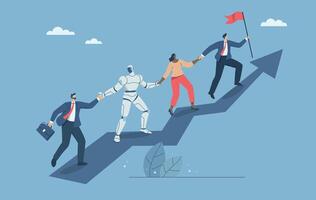 Collaboration between humans and artificial intelligence or AI, Corporate technology development, Investment growth, Businessmen and robots are climbing up a soaring arrow. design illustration vector
