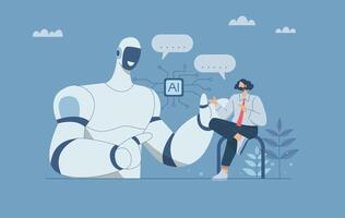 Chatbot AI online communication, Automated text or voice conversations, Robot answer customer questions in chatbot services, Collaboration between humans and artificial intelligence. design. vector