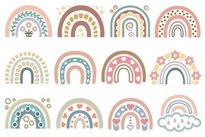 Pastel subtle colored Boho rainbows set. Decorative Boho shapes abstract design elements set. vector