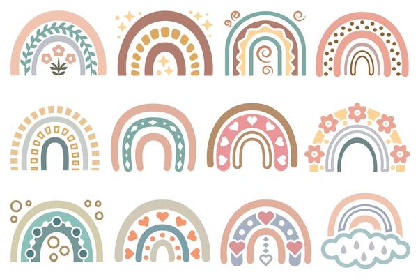 Pastel subtle colored Boho rainbows set. Decorative Boho shapes abstract design elements set.