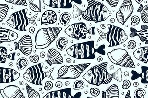 Underwater life, swimming fishes in a ocean with seashells and snails, seamless marine pattern vector