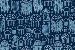 seamless pattern with medusas. Outline marine pattern with blue line art jellyfishes. vector