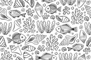 Hand drawn fishes, seashells and sea plants seamless line art pattern. Marine outline repeating pattern with underwater animals vector