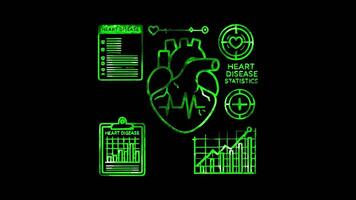 Glowing looping World Heart Day Medical infographic showing heart disease statistics neon frame effect, black background. video