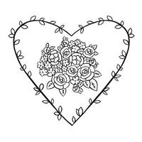 in the shape of a heart with flowers, bouquets of roses, forget-me-nots. Sketch outline illustration vector