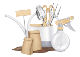 A composition of working tools, watering can, rake, shovel, spray gun. Tools for landscaping the garden and landscaping of house territory. Farming, growing plants and flowers. Isolated illustration png